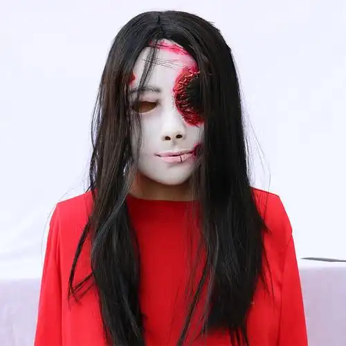 红衣女鬼面具鬼屋道具万圣节气氛道具节日整蛊吓人乳胶面具工厂