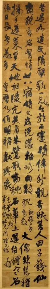 王铎《行书五言诗立轴》, 绫本, 纵328 ,横54厘米 ,青岛市博物馆藏.