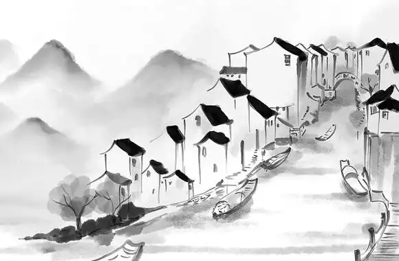 水墨江南水乡水墨江南水乡建筑白露白鹭水墨白露水墨风景背景插画古风