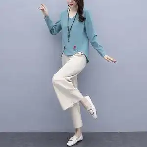 棉麻套装女春秋2020年新款大码女装休闲时尚气质减龄阔腿裤两件套