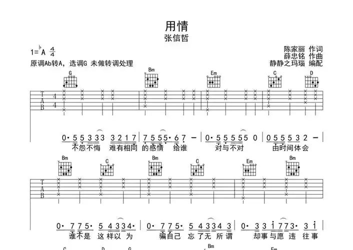 张信哲《用情》吉他谱_g调吉他弹唱谱_吉他弹唱_打谱啦