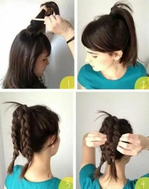 分辨对折编发辫,最后把三股发辫依次盘起来固定即可,非常简单一款盘发