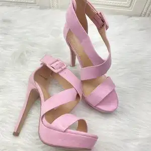外贸原单恨天高粉色交叉带扣带露趾超高跟演出欧美性感时装凉鞋