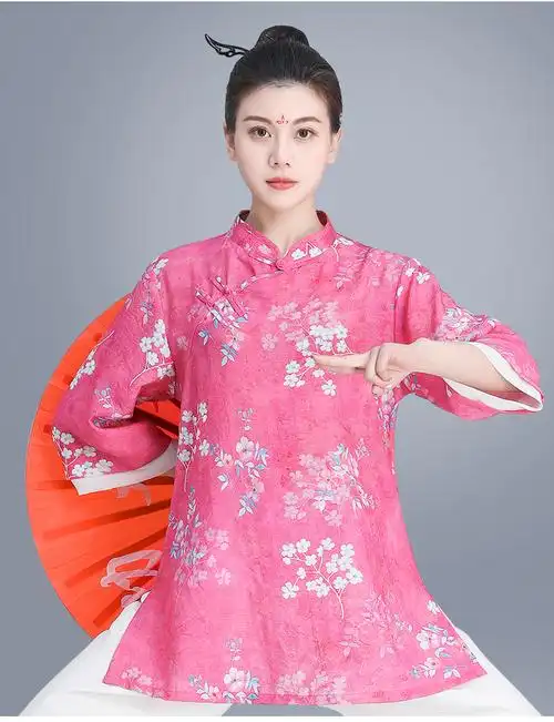 山人运动太极服女棉麻印花武术服练功套装夏装短袖太极拳服装黄色上衣