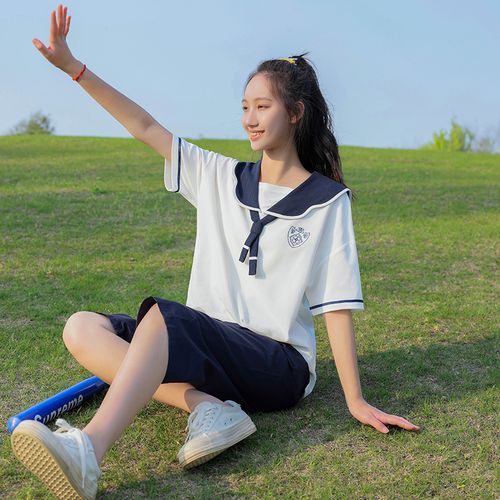 百褶裙初中生少女日系宽松海军夏装学院短袖件套休闲运动套装 原价218