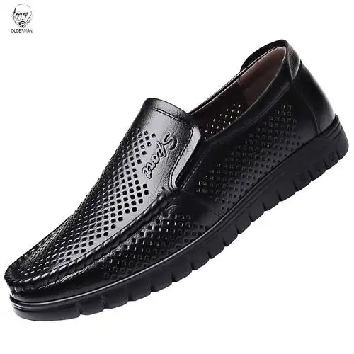 老人头2020夏季透气凉皮鞋男士真皮凉鞋软底防滑中老年人爸爸男鞋老人