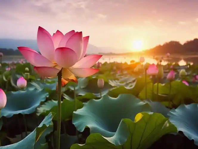 夕阳下的荷花夏天荷花风景立夏夏至小暑大暑处暑绿色壁纸背景图