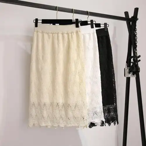 白色水溶蕾丝半身裙中长款夏季新款镂空勾花松紧腰显瘦时尚百搭