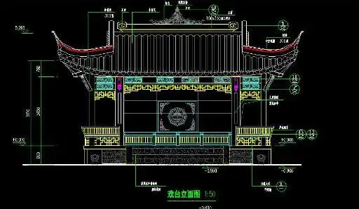 单层砖木木结构歇山戏台中式建筑设计cad图纸2d