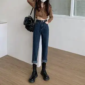 a价#牛仔裤女直筒chic宽松新款高腰哈伦老爹萝卜裤子#8055图片