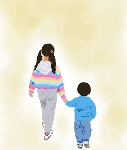 闲时在画画姐姐牵着妹妹