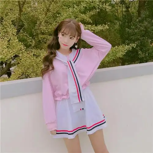 薇姬桑妮秋装女日系软妹绑带海军领水手服上衣 收腰显瘦a字短裙学生
