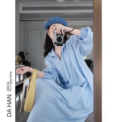 蓝色衬衫连衣裙女春夏系带灯笼袖显瘦减龄高级感气质茶歇法式长裙