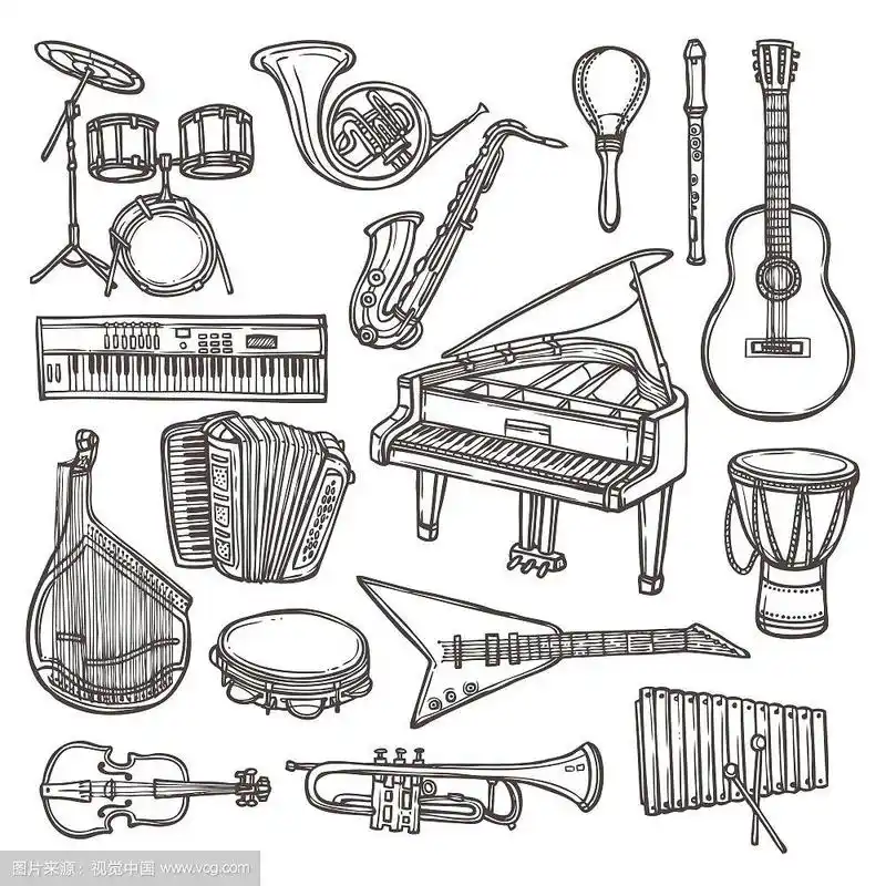 乐器素描图标设置与鼓小提琴吉他孤立矢量插图