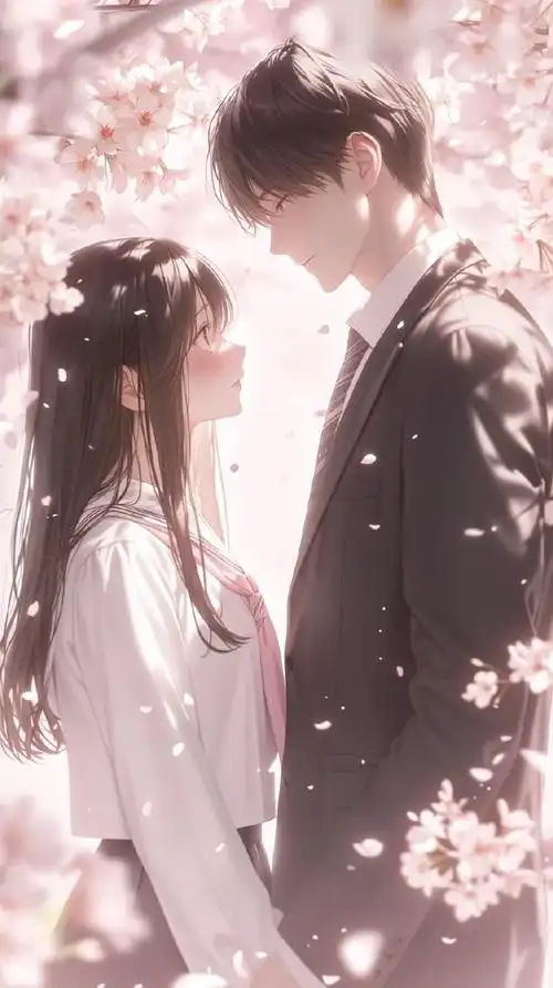 樱花树下的甜蜜约会|二次元浪漫情侣壁纸#手机壁纸##唯美图片##情侣