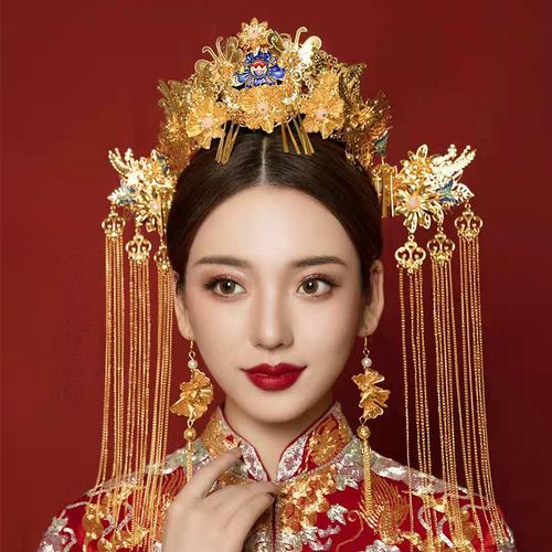 2021新款秀禾中式新娘头饰蓝色凤冠大气步摇流苏结婚秀禾服古装女