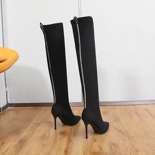 百搭韩版显瘦弹力高筒骑士靴女尖头细跟10cm性感绒面长筒过膝高跟