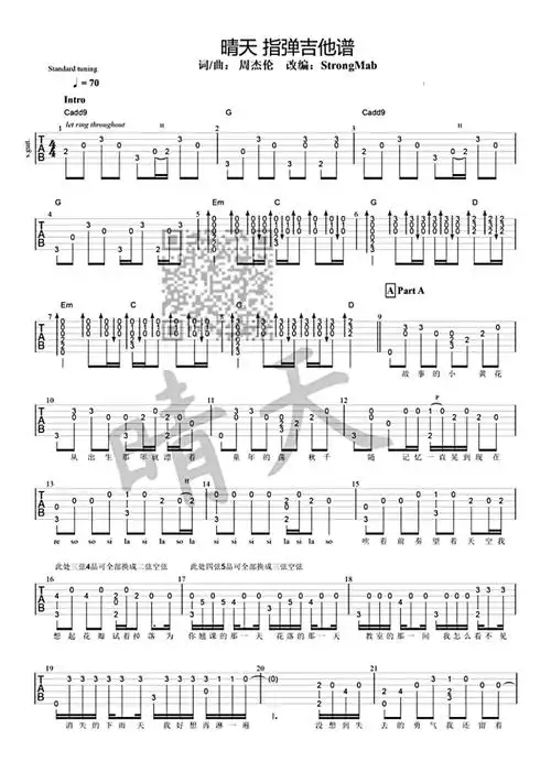 晴天吉他谱 - 周杰伦 - 吉他独奏谱第1张