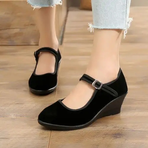 老北京布鞋女高高跟坡跟黑布布鞋酒店职业工作单鞋布鞋