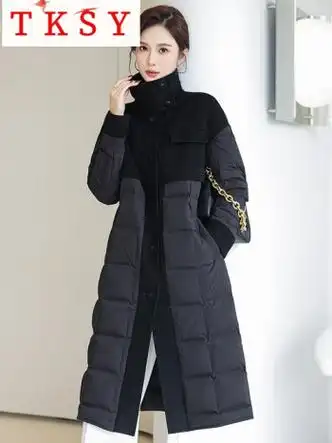 tksy双面羊绒拼接鹅绒羽绒服女款2023年冬装新款立领毛呢外套加厚黑色