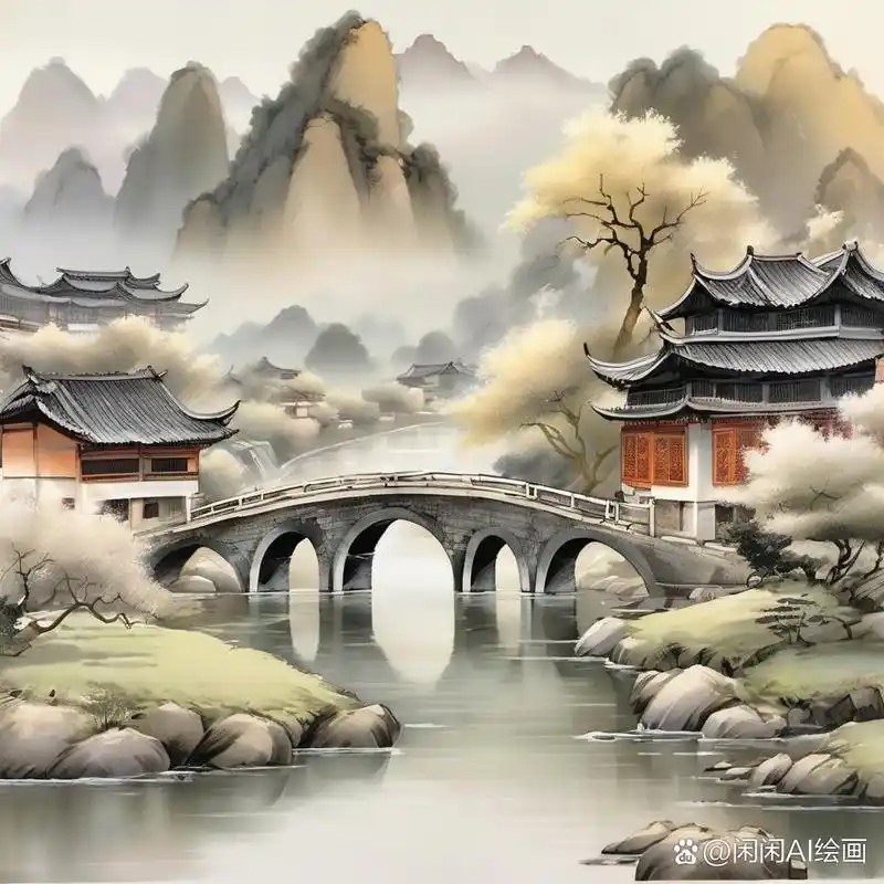 "中国画中的石桥与流水,诉说着岁月的沉淀与历史的沉淀.