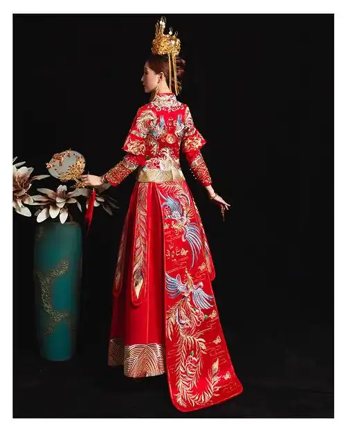 秀禾服新娘中式婚纱结婚礼服秀和服凤冠霞帔龙凤褂网红款 小拖尾款 s