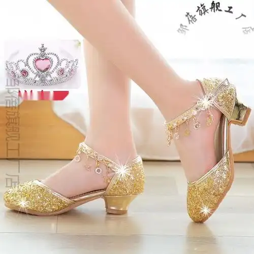 水晶鞋女童小女孩高跟鞋公主鞋夏季时尚包头凉鞋儿童学生银色表演