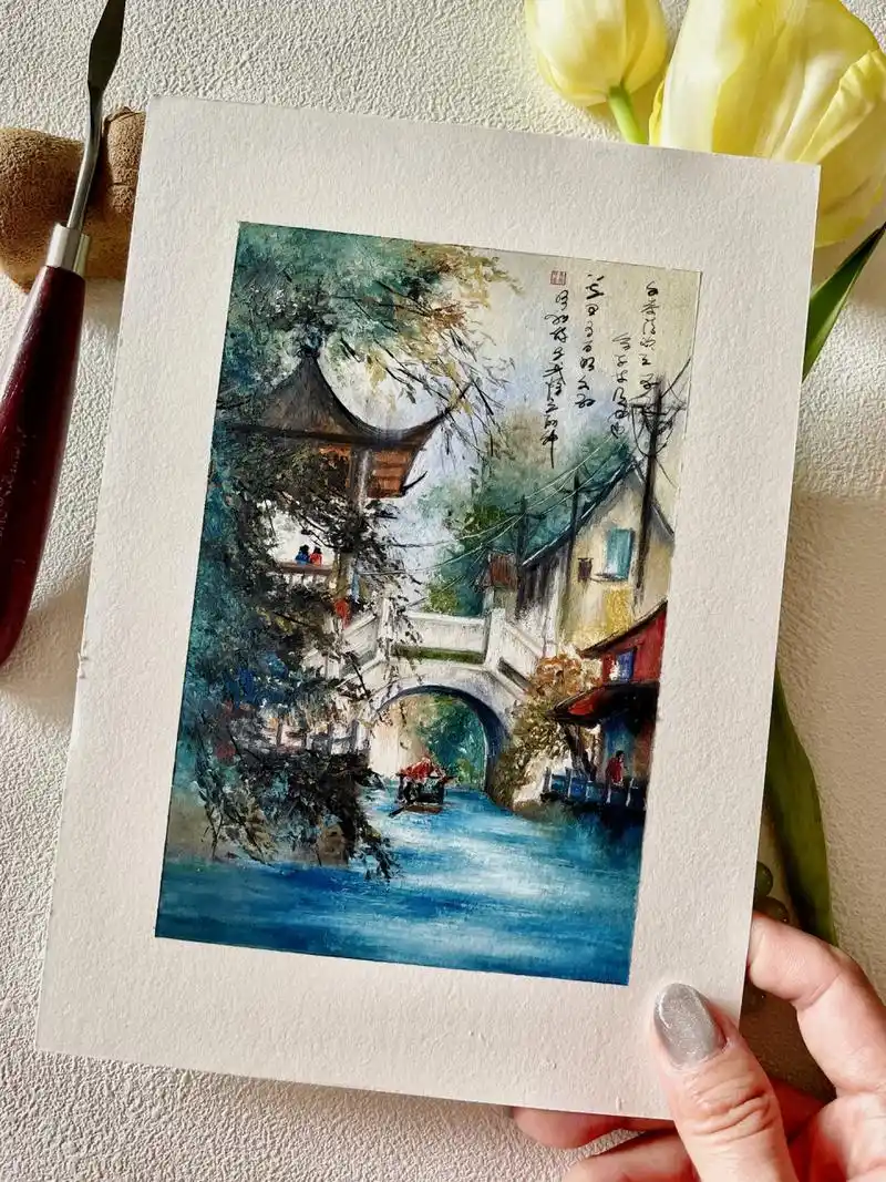 油画棒|烟雨江南 一幅水彩风格的水乡小作,画的时候,思绪渐渐被拉回