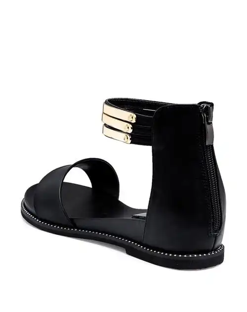 2016新款平底一字绑带女款黑色凉鞋