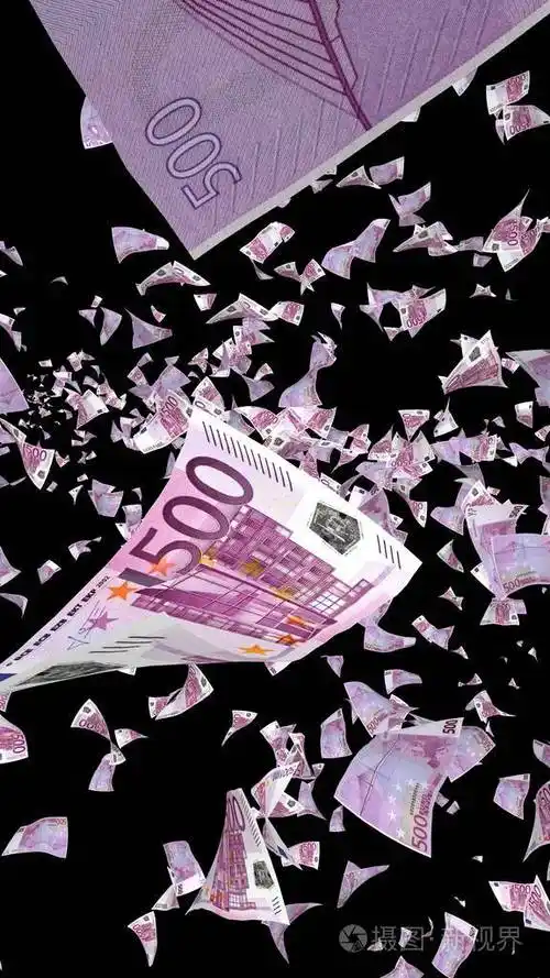 黑色背景下孤立的飞扬欧元钞票钱在天上飞500欧元的颜色三维插图
