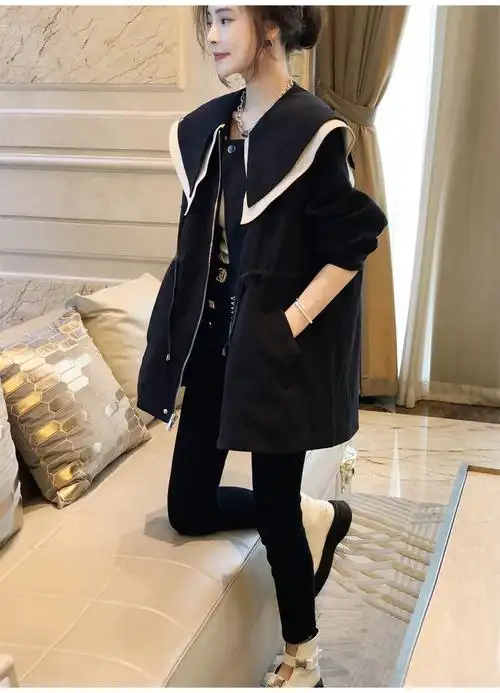 外套女时尚韩版修身显瘦百搭小个子新款娃娃领时尚百搭风衣女7570黑色
