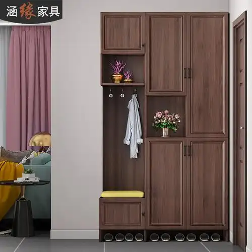 涵缘胡桃胡桃木木色门口鞋柜挂衣衣柜一体可坐鞋柜