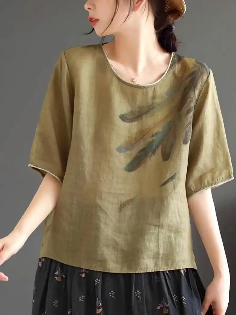 宽松圆领斜纹细苎麻透气薄款数码印花短袖文.40 或将近40的 - 抖音