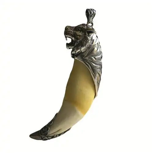 新款纯银虎牙霸气老虎头吊坠熊牙套包银牙尖防裂项坠