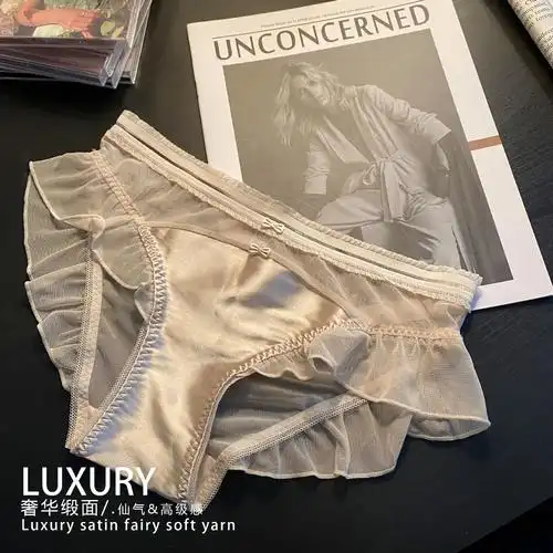 日韩新款泡泡纱裙摆花边蕾丝三角裤女士低腰缎面丝滑网纱棉裆内裤