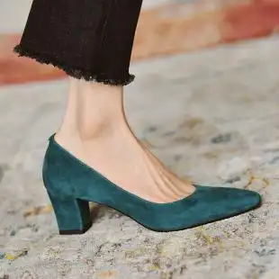 子粗跟浅口单鞋高跟鞋女磨砂羊皮女鞋皮厚先生新款2020秋季女