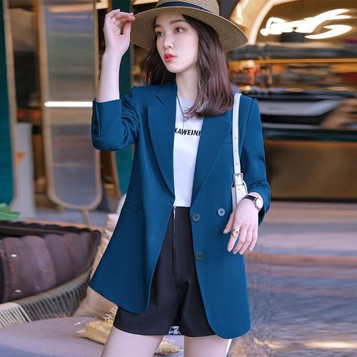 普妮姿 蓝色西装外套女长袖春秋新款时尚英伦风休闲中长款小众西服