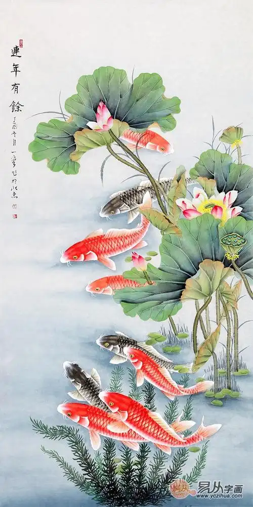 经典玄关挂画 王一容招财旺运九鱼图《连年有余》(作品来源:易从网)