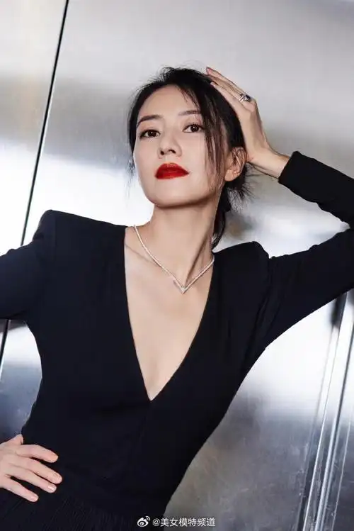 高圆圆穿黑色深v裙优雅大方烈焰红唇女神范十足