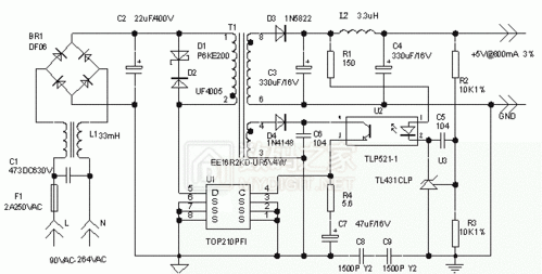4w开关型5v稳压直流电源电路图