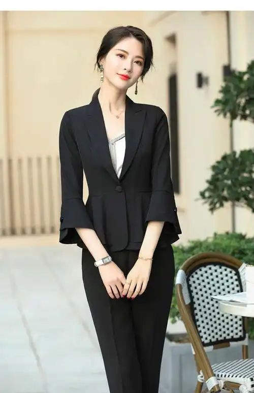 hkws黑色春秋短款小西装外套女荷叶边洋气时尚职业夏薄款小西服小个子