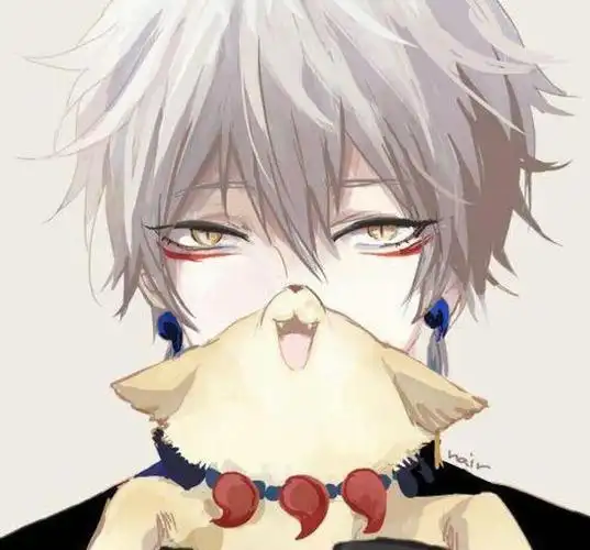 动漫男头银发少年狐狸眼用狐狸挡住脸蓝