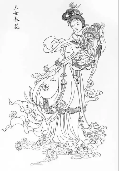仕女图天女散花白描线稿神话系列