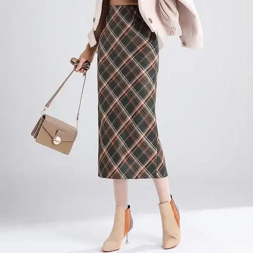 格纹包臀裙长裙2019新款高腰显瘦后开叉包裙中长款一步裙女裙ty-1963