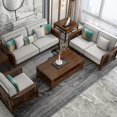 华日家居新中式中式实木布艺沙发现代简约乌金金木客厅沙发实木沙发