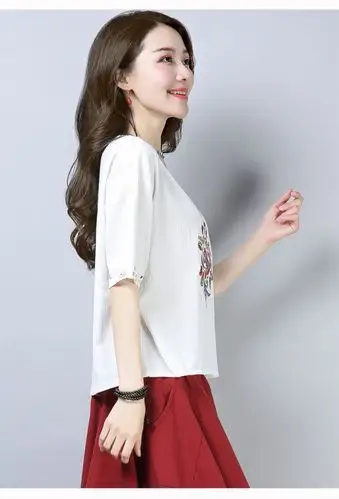 柏漫丝 女王轻奢民族风复古刺绣棉麻短袖t恤胖mm宽松大码短款绣花亚麻
