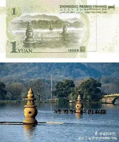 第五套人民币1元背面三潭印月  人民币上的图案并非完全写实,摄影师