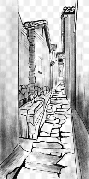 线描古街道小胡同, 线稿线描, 古老街道, 施工 png和psd图片素材