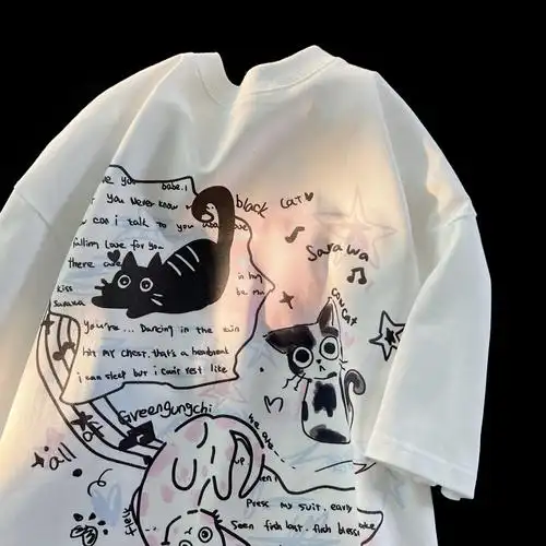 美式复古涂鸦猫咪短袖女夏季2024新款奶黄色t恤情侣宽松半袖上衣