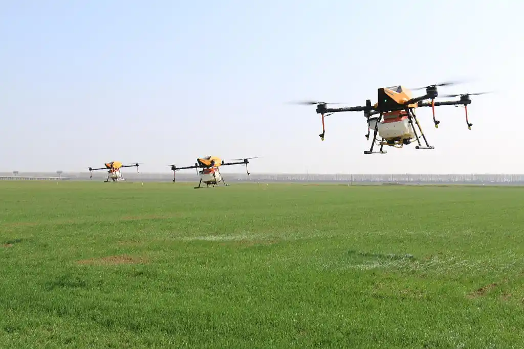 江苏省连云港市灌云县南岗镇,植保无人机在麦田里进行喷药作业